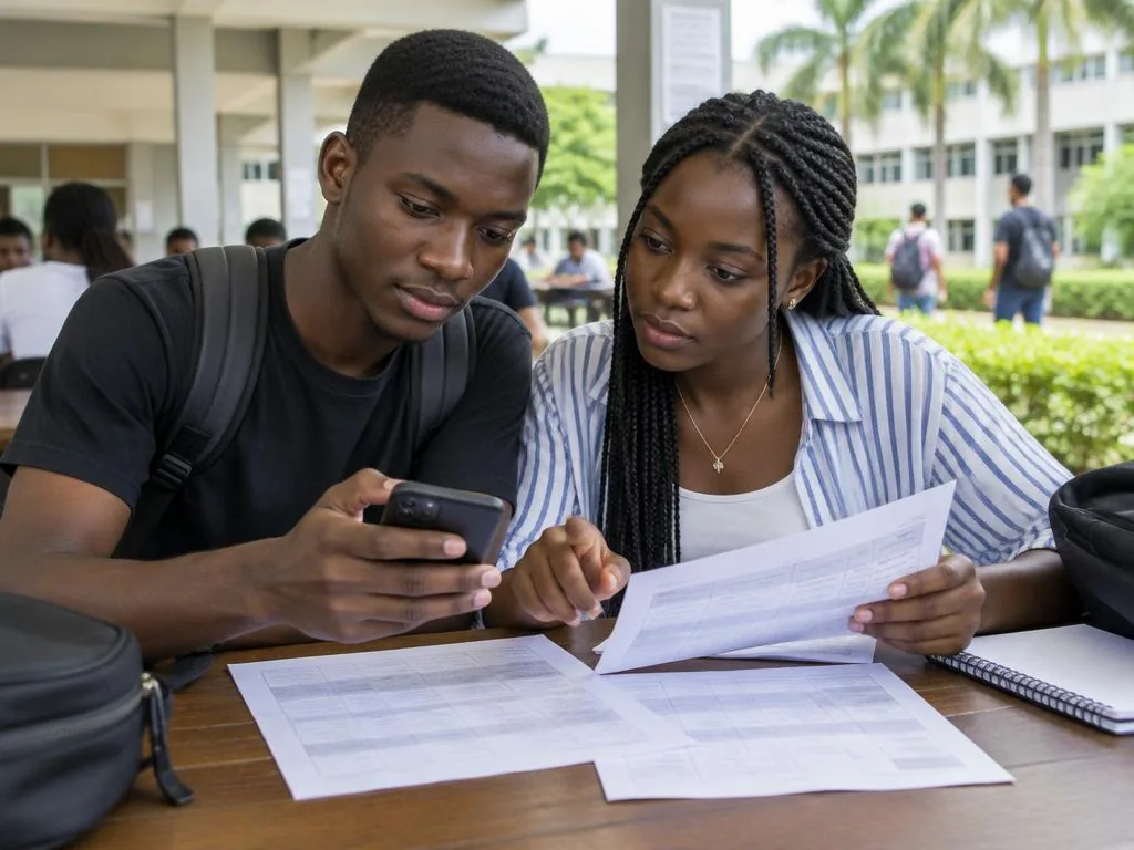 Étudiants comparant des informations académiques sur papier et sur téléphone
