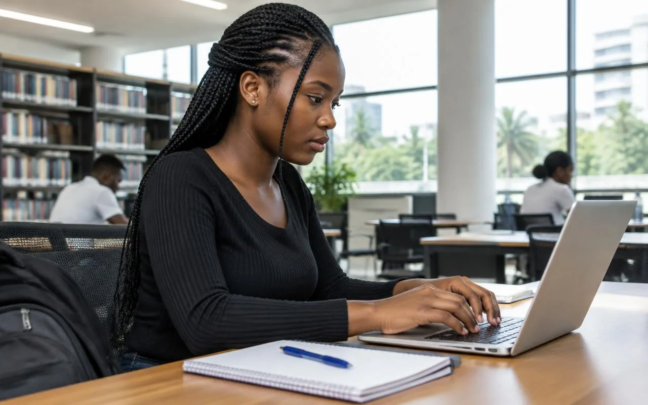 Étudiante préparant un devoir sur ordinateur