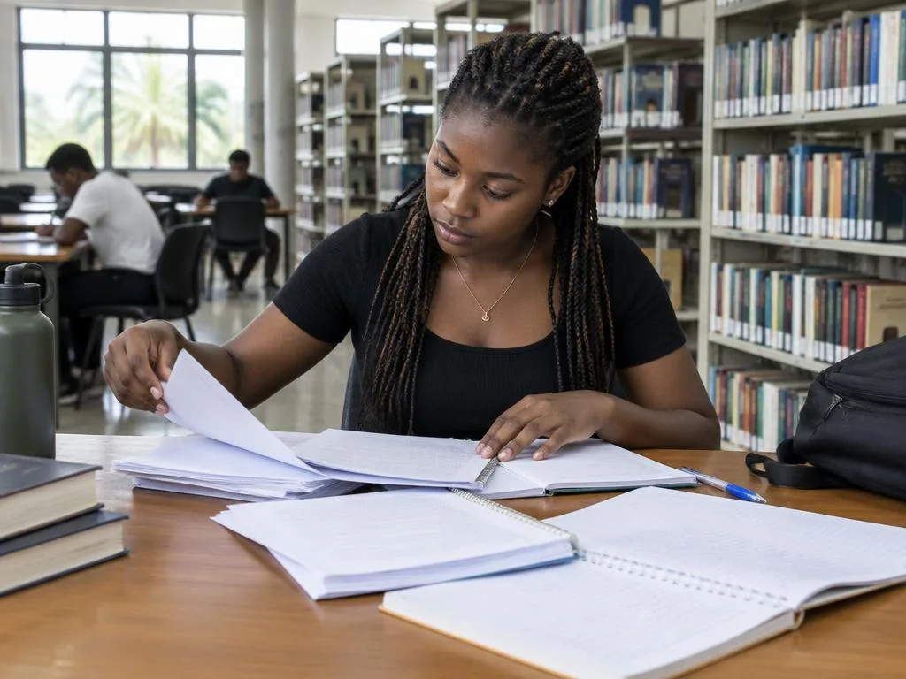 Étudiante recherchant un document parmi ses supports de cours