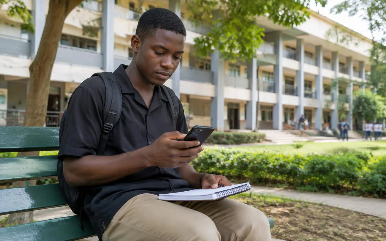 Étudiant consultant son smartphone sur un banc du campus