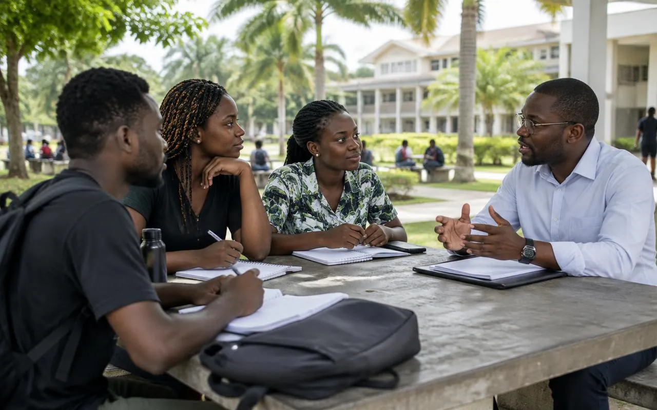 Étudiants et enseignant échangeant sur leurs besoins dans une cour universitaire ivoirienne