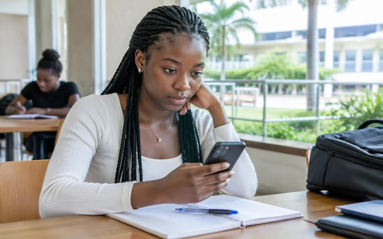 Étudiante consultant son smartphone à côté de son cahier de travail