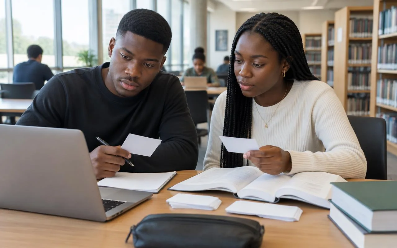 Étudiants révisant avec des livres, des fiches et un ordinateur
