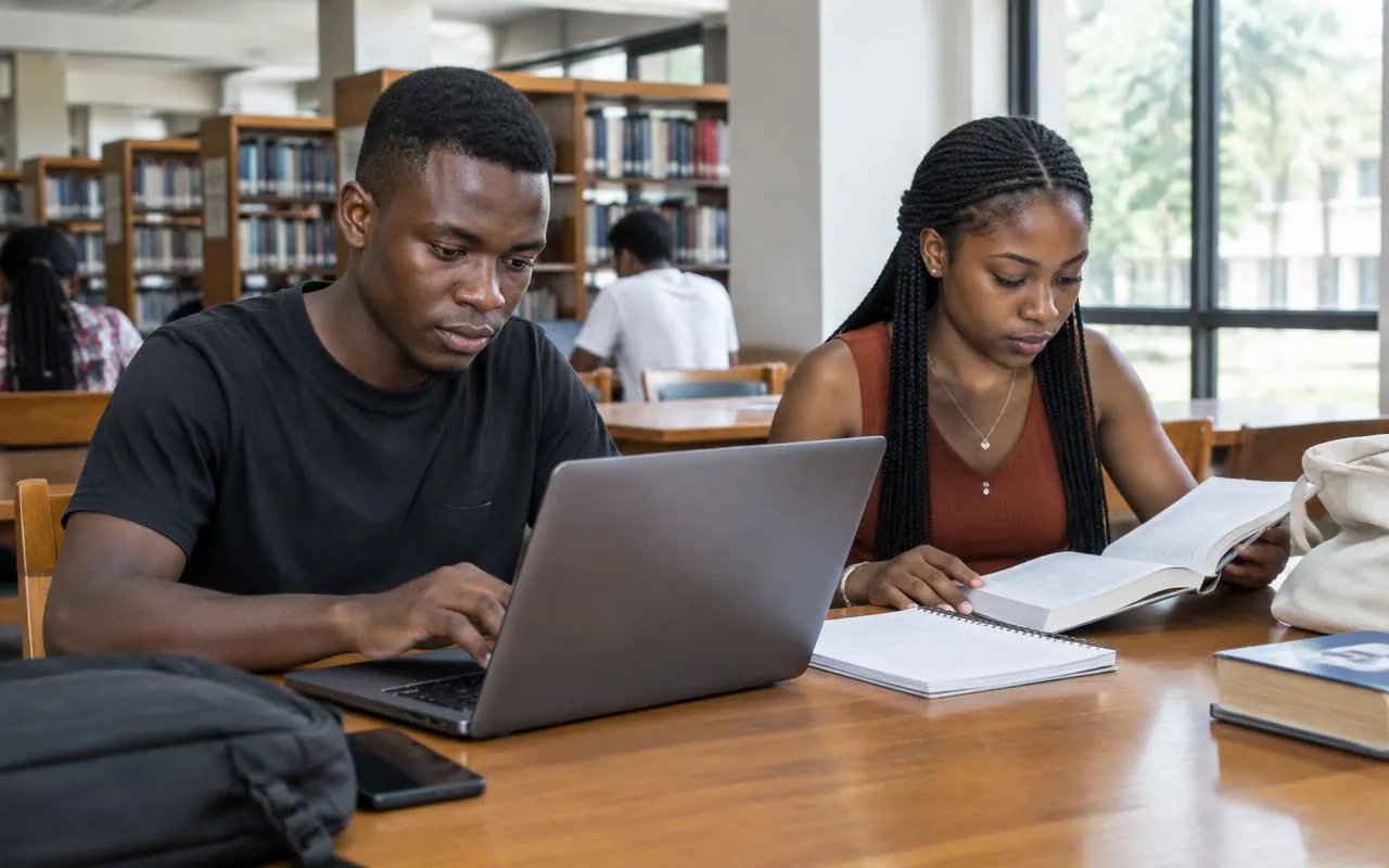 Étudiants réalisant leurs travaux avec un ordinateur et des livres